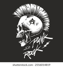 A striking illustration of a skull with a mohawk hairstyle symbolizes the punk rock culture. The design features an anarchy symbol showcasing a rebellious spirit.