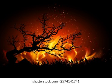 Striking illustration of a tree silhouette against blazing flames, creating a dramatic, fiery atmosphere perfect for conceptual or nature-themed projects.