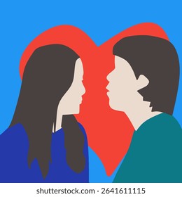 
  A striking illustration of two people gazing at each other, with a vibrant red heart between them, set against a bold blue background.