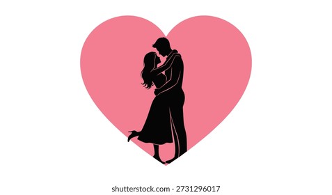 A striking image of a couple's embrace within a pink heart, featuring a distinct black silhouette style.