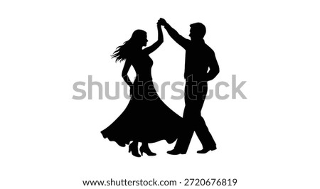 A striking image depicting a dancing couple, defined by a bold and dramatic silhouette style.