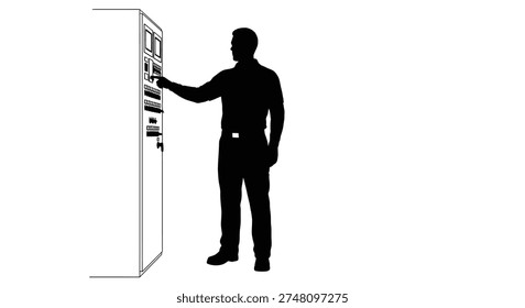 A striking image depicts a man operating machinery, notable for its bold, flat silhouette style and minimalist design.