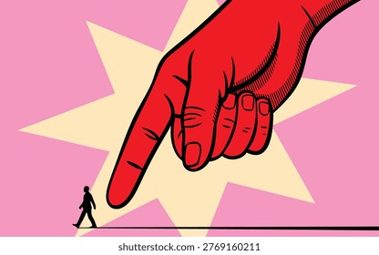 A striking image depicts a massive red hand pointing downwards at a minuscule human silhouette, emphasizing power dynamics and scale.