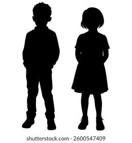 A striking image features the silhouettes of a young boy and girl. They stand next to each other, their forms outlined in solid black against a bright white background