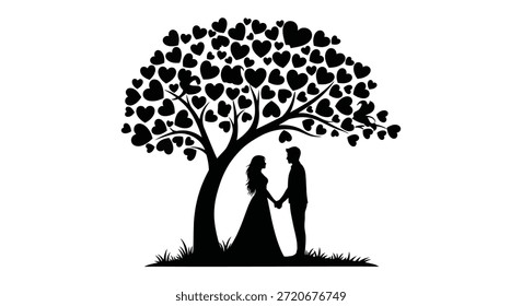 Una Imagen llamativa con una pareja amorosa y un árbol en forma de corazón en un estilo de silueta audaz.