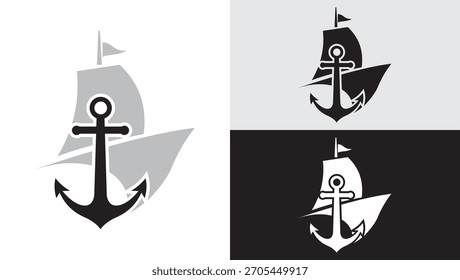 Uma imagem impressionante com um gráfico minimalista de dois tons de um navio à vela emparelhado com uma âncora clássica. O design é apresentado em quatro variações usando tons de preto, branco e cinza, oferecendo versat