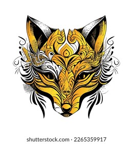 a striking Kitsune fox mask with intricate details. The mask is a symbol of transformation and trickery in Japanese mythology