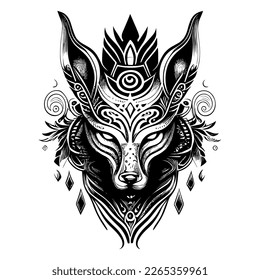 a striking Kitsune fox mask with intricate details. The mask is a symbol of transformation and trickery in Japanese mythology