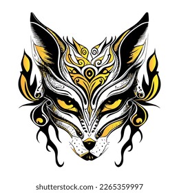 a striking Kitsune fox mask with intricate details. The mask is a symbol of transformation and trickery in Japanese mythology