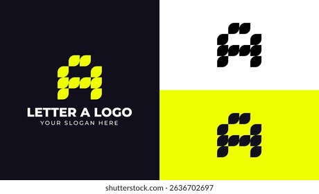 A striking letter A logo design, crafted from bright yellow, leaf-like shapes against a dark background. The minimalist design is perfect for modern branding.