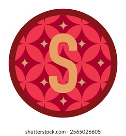 A striking letter S design on a red circular background with floral patterns and a bold maroon border. Perfect for adding sophistication to branding, logos, and creative works.