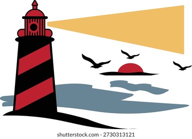 Ein eindrucksvoller Leuchtturm mit roten und schwarzen Streifen wirft seinen Strahl bei Sonnenuntergang mit Vögeln über eine ruhige Ozeanszene