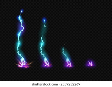 Striking lightning hitting ground. Vector isolated set of thunder animation. Neon thunderbolts in motion. Electrical discharge or powerful force. Weather change or magical effect for game design