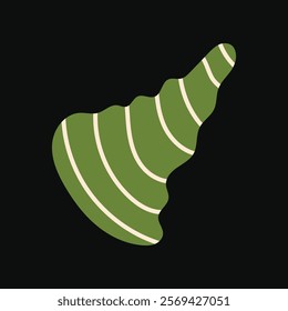 Striking lime green cone shaped seashell featuring white stripes flat vector illustration