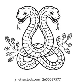 A striking line art illustration featuring a two headed snake entwined with a branch, creating a visually captivating and symbolic design.