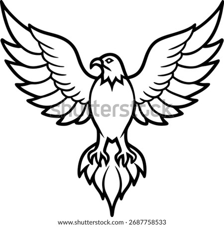 Striking line art of a powerful eagle in mid-flight with wings fully extended. This iconic bird symbolizes strength freedom and soaring ambition a timeless representation of avian majesty.