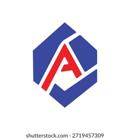Un llamativo diseño de logotipo con una forma hexagonal azul y una 'a' roja central.