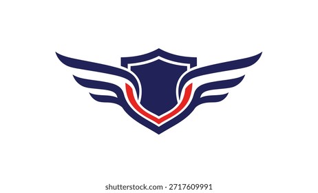Un llamativo diseño de logotipo con un emblema de escudo flanqueado por alas estilizadas, que simboliza la protección, la fuerza y la libertad.
