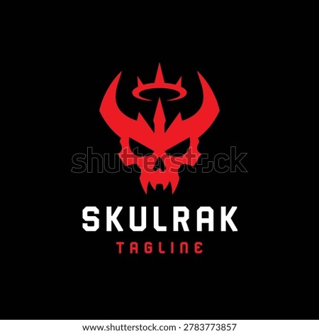 A striking logo features a stylized red skull set against a solid black backdrop. The skull design incorporates horns and a crown-like element, giving it a bold and potentially aggressive aesthetic. The vibrant red color contrasts sharply with the dark background, drawing immediate attention. The overall design suggests a graphic style suitable for branding, possibly for gaming, entertainment, or other creative applications. This image could be used in various commercial or editorial contexts.