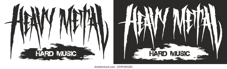 Um logotipo impressionante apresenta as palavras heavy metal e hard music em letras bold jagged. O design contrasta com linhas angulares nítidas com um fundo preto e branco.