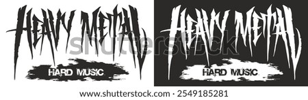 A striking logo features the words heavy metal and hard music in bold jagged letters. The design contrasts sharp angular lines with a bold black and white backdrop.