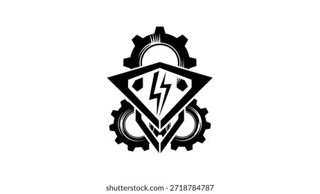 Un logotipo llamativo con un emblema de un rayo encerrado en forma de escudo, sobre un fondo de dos engranajes entrelazados, que simbolizan el poder, la industria y la fuerza mecánica.