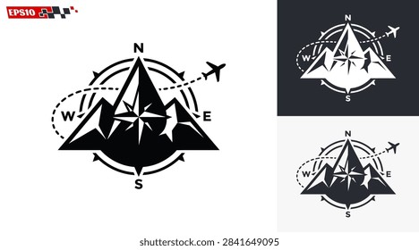 A striking logo featuring a mountain range, a compass, and an airplane, symbolizing travel, adventure, and exploration.