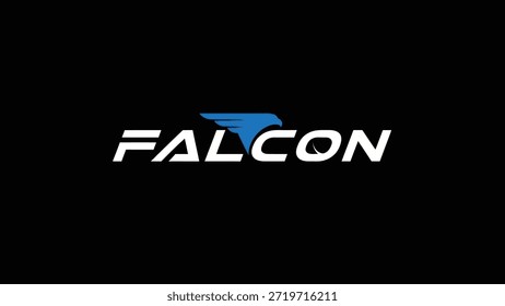 Un logo llamativo con un halcón estilizado con alas abstractas azules sobre un fondo negro. La tipografía sans-serif blanca y atrevida deletrea