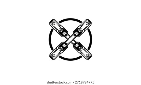 Um logotipo marcante com dois elos de correntes de bicicletas cruzados um sobre o outro, envolto num simples contorno circular, apresentado em estilo monocromático.