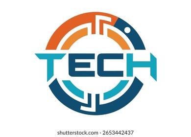 Um logotipo marcante com a palavra 'TECH' em letras negrito e estilizadas. Está contido em um design circular composto de arcos segmentados em laranja, azul-petróleo e azul-escuro.