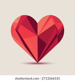 Un llamativo corazón de Vector low-poly en tonos rojos, bordes geométricos que recuerdan a una piedra preciosa. Ilustración con un moderno efecto 3D es perfecto para el día de San Valentín, temas de amor, Diseños gráficos creativos