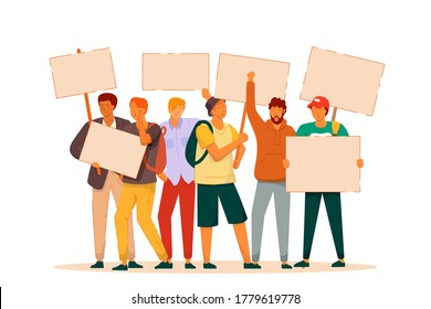 Striking man. Angry aggressive riot or cheering crowd demonstrator with banner. Vector people raised fist and sign on meeting, protest illustration. Striking man isolated on white background