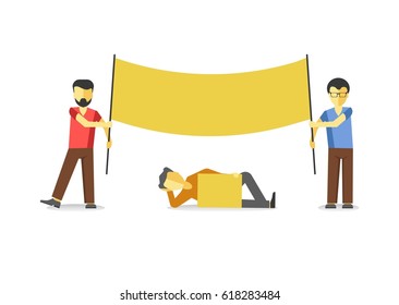Striking man holding empty yellow banner isolated on white.