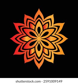 A striking mandala design with intricate geometric patterns in a vibrant orange-to-red gradient on a deep black background, representing energy, harmony, and spiritual balance.