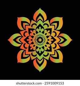 A striking mandala design with intricate geometric patterns in a vibrant orange-to-red gradient on a deep black background, representing energy, harmony, and spiritual balance.