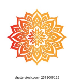 A striking mandala design with intricate geometric patterns in a vibrant orange-to-red gradient on a deep black background, representing energy, harmony, and spiritual balance.