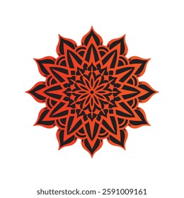 A striking mandala design with intricate geometric patterns in a vibrant orange-to-red gradient on a deep black background, representing energy, harmony, and spiritual balance.