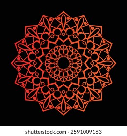 A striking mandala design with intricate geometric patterns in a vibrant orange-to-red gradient on a deep black background, representing energy, harmony, and spiritual balance.