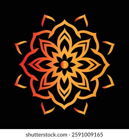 A striking mandala design with intricate geometric patterns in a vibrant orange-to-red gradient on a deep black background, representing energy, harmony, and spiritual balance.