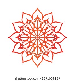 A striking mandala design with intricate geometric patterns in a vibrant orange-to-red gradient on a deep black background, representing energy, harmony, and spiritual balance.