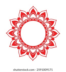 A striking mandala design with intricate geometric patterns in a vibrant orange-to-red gradient on a deep black background, representing energy, harmony, and spiritual balance.