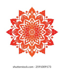 A striking mandala design with intricate geometric patterns in a vibrant orange-to-red gradient on a deep black background, representing energy, harmony, and spiritual balance.