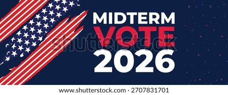 Striking Midterm Vote 2026 banner featuring diagonal flag stripes, red white blue palette, and clean layout perfect for political campaigns and promotions.
