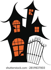 A striking minimal Halloween vector illustration featuring a crooked haunted house with glowing orange windows and an ornate vintage iron gate. Designed with bold black silhouettes, clean vector paths, and a modern flat style, this editable artwork is ideal for Halloween party invitations, greeting cards, posters, stickers, Cricut projects, seasonal branding, printable decorations, web graphics, and commercial stock collections. The spooky gothic architecture and vibrant orange accents create a timeless Halloween aesthetic suitable for both digital and print applications.