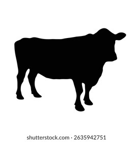 A striking minimalist black cow silhouette illustration, featuring clean lines and a sturdy, graceful form. Set against a white background, its elegant design is perfect for farm-themed decor, logos, 
