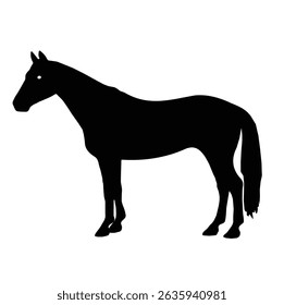 Uma impressionante ilustração de silhueta de cavalo preto minimalista, capturando elegância e força com linhas limpas e em negrito. Situado contra um fundo branco, seu design elegante é perfeito para decoração moderna, logotipos, 