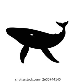 Uma impressionante ilustração minimalista da silhueta de baleia negra, capturando sua forma majestosa com linhas simples e elegantes. Situado contra um fundo branco, este design elegante é perfeito para decoração com tema marinho,
