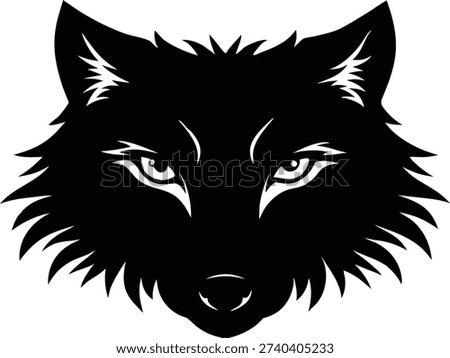 Striking minimalist black wolf head silhouette illustration with intense white eyes.