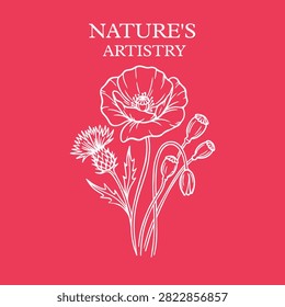 A striking minimalist botanical graphic featuring white line art illustrations of poppy flowers, thistle, and seed pods. Accented with serif typography reading 'Nature's Artistry' set against a bold pink backdrop.

#NaturesArtistry #PoppyFlower #BotanicalLineArt #WildflowerSketch #TShirtDesign #MinimalistFloral #VectorGraphic #ApparelDesign #FloralArt #PinkAesthetic