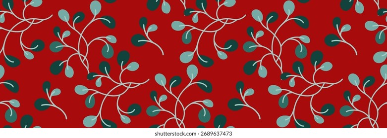 Striking minimalist botanical pattern. Soft green leaves and swirling branches on red background. Ideal for modern textiles, wallpapers, home decor and creative design. Vector flat illustration.